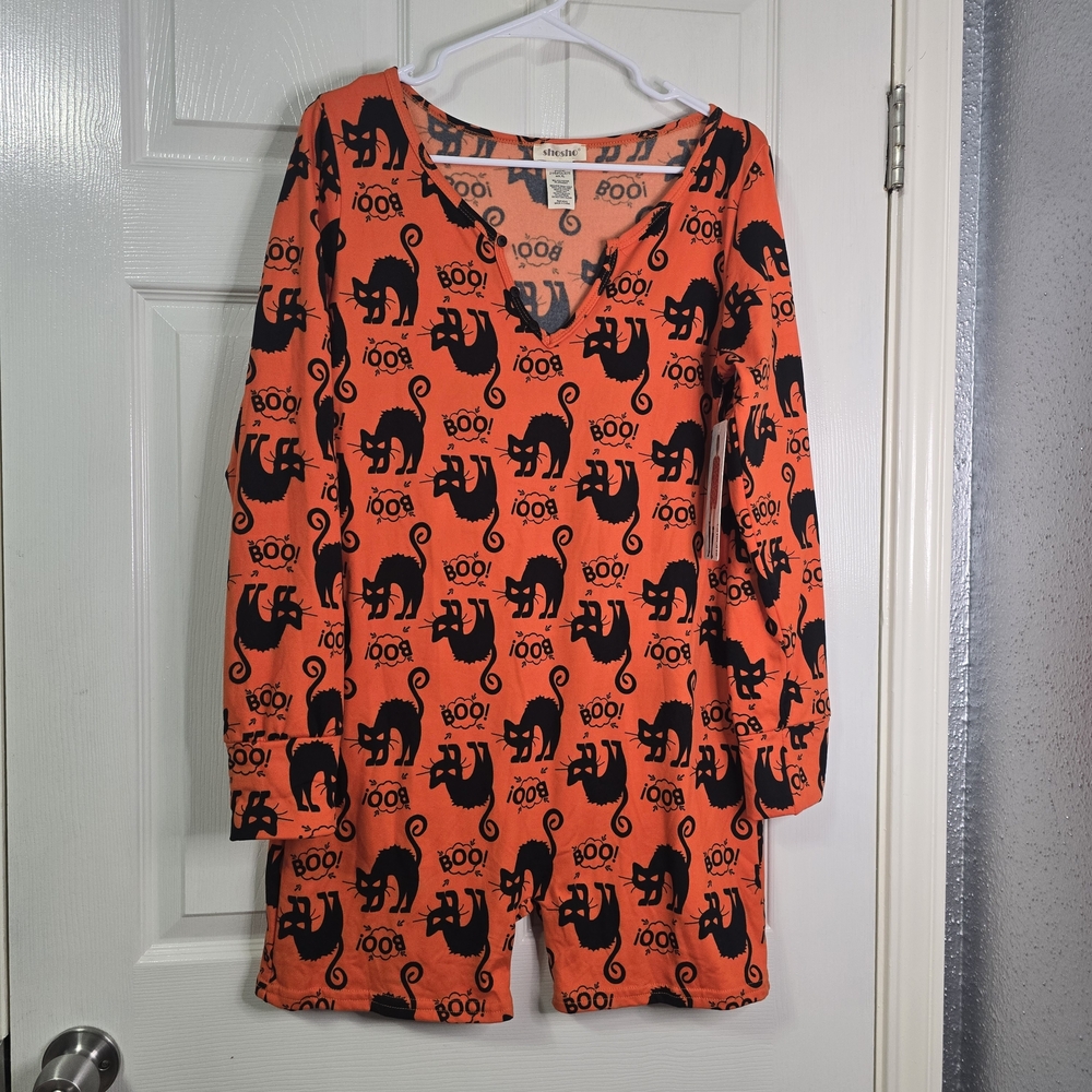 Orange Halloween Cat Print Romper